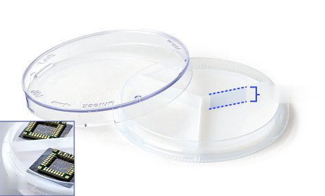Partition inserted front side up in a transparent petri dish, giving deep 6.3 mm pockets, with an inset photo of chip packages stored inside